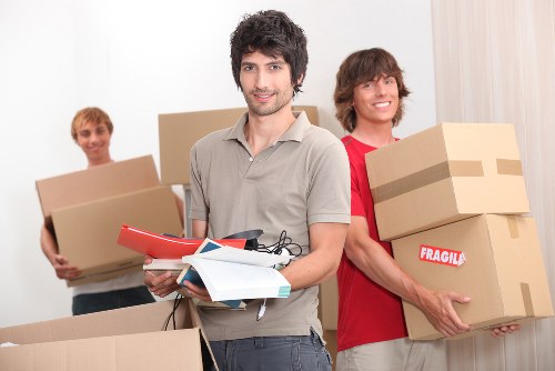 Boxes and furniture secured inside a moving van
